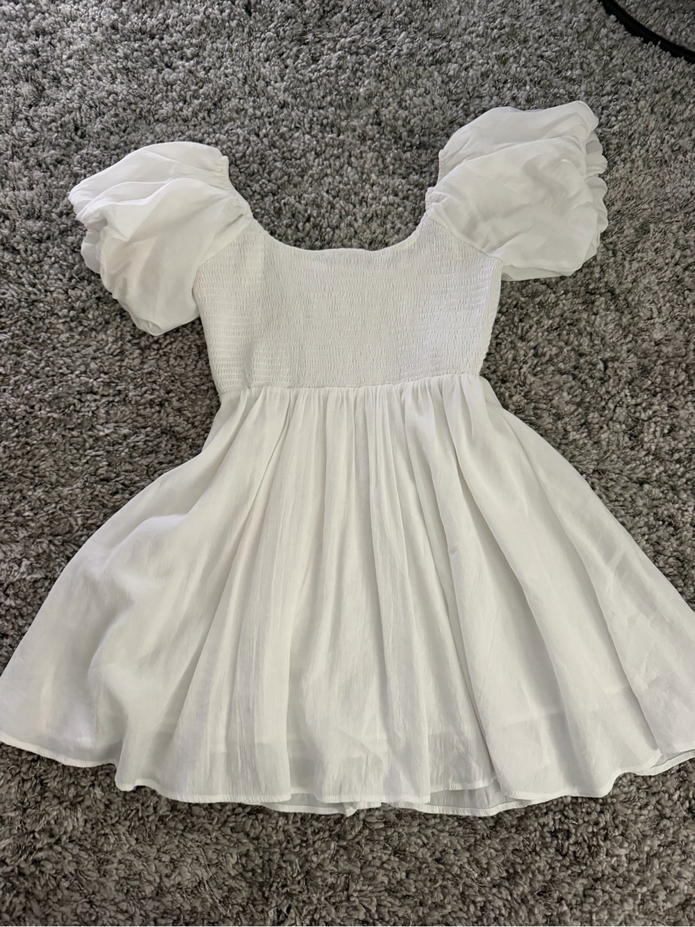 White Puff-Sleeve Smocked Mini Dress